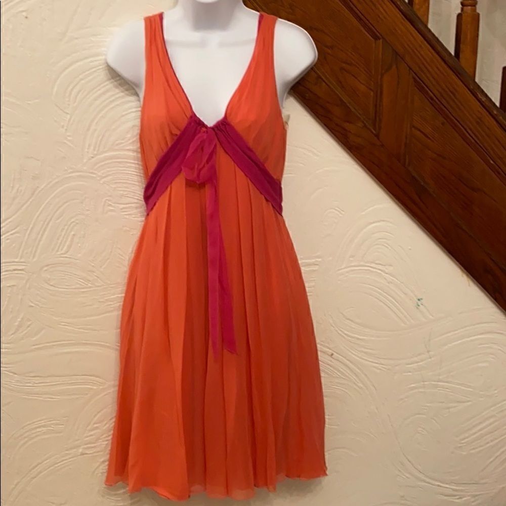 NWT Badgley Mischka Silk Chiffon‎ Dress Orange Pink Colorblock Empire Waist 8